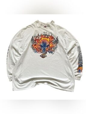 Harley-Davidson White Long Sleeve Tee with Fiery Skull Graphic